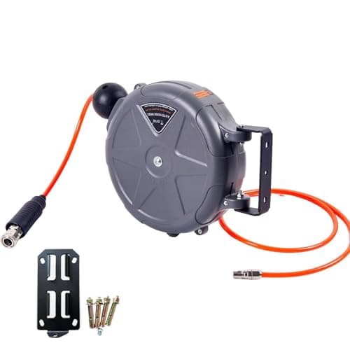 Image of Air Hose Reel - Thirty Two Feet, Heavy Duty Mount, Retractable Compressor System, Tool Storage, Workshop Garage, Automotive Repair Studio, Home Maintenance Equipment Enhancing Repair workf