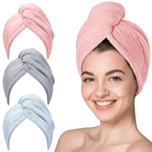 Image of KU Microfibre Hair Towel Wrap 3 Pack - Super Absorbent Quick Dry Hair Wrap with Buttons for Long Hair, Curly Hair(Pink Grey Blue)