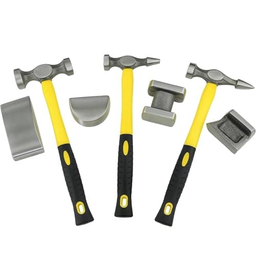 Image of TOPWAY 7-Piece Professional Auto Body Repair Hammer & Dolly Set – Heat-Treated Steel Heads, Fiberglass Handles with Grip – Panel Beating and Dent Removal Tool Kit for Car Bodywork