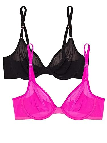 Image of Smart & Sexy Women's Sheer Mesh Demi Underwire Bra, Available in Single and 2 Packs!, Black Hue/Electric Pink, 34E