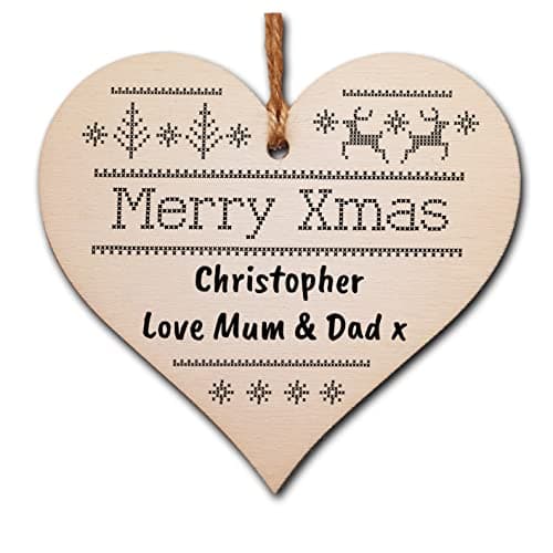 Image of Personalised Handmade Christmas Hanging Wooden Heart Plaque Decoration Gift to wish someone special a merry xmas festive bauble