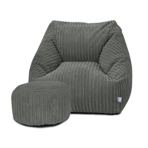 Image of rucomfy Big Kids and Teen Ivory Corduroy Snuggle Chair, Large Machine Washable Beanbag Seat for Comfortable Lounge Room and Bedroom Furniture, 70x80x60cm - (Slate Grey, with Footstool)
