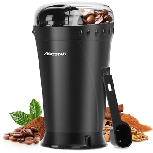 Image of Aigostar Electric Coffee Grinder, Stainless Steel Blade, 200W, 60g Capacity, Cord Storage, Portable & Compact for Coffee Beans, Spice, Nuts, Seeds, Herbs, Black - Breath 30KYI.