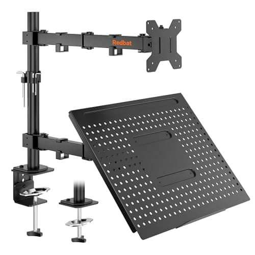Image of Redbat Adjustable Monitor Arm Desk Mount with Laptop Tray for 13–32 Inch Screens and Laptops up to 16 Inch, Full Motion Height Adjustable, VESA 75/100mm, C-Clamp and Grommet Mount, Cable Management