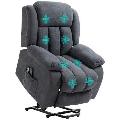 Image of HOMCOM Riser and Recliner Chair with Massage, Linen Overstuffed Power Lift Chair for Elderly with Deep Seat, Wide Armrests, Footrest, Side Pockets, Electric Lift Armchair for Living Room, Dark Grey
