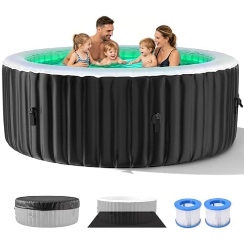 Image of Meulbaty Inflatable Hot Tub, Blow Up Portable Hot Tub, Leak-Proof PVC Outdoor Spa with Strong Air Jets, Heater Pump and Insulated Cover 2-4 Person Round with LED Lights 120 Air Jets 180x180x63.5cm