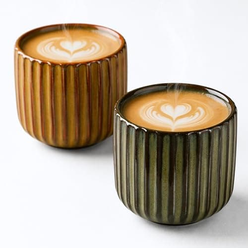 Image of Erkundpresso. Espresso Cup Set 2x180ml, Thick-Walled Handleless Ceramic Cups, Heat-Retaining Scald-Proof, BPA-Free Kiln-Glazed for Espresso/Cappuccino, Unique Vintage Design - Antique Bronze + Brown