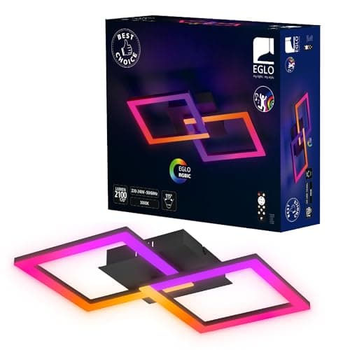 Image of Eglo LED Ceiling Light Fitting RGBIC, Geometric Ceiling lamp with Light Effects, Gaming Room and Party Decoration, Lighting with Remote Control, Warm White and RGB, Black Metal