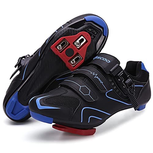 Image of Mens Womens Cycling Shoes Compatible with Peloton Bike Indoor Outdoor Road Bike Riding Shoes with Look Delta Cleats Pre Installed Clip in Pedal, (Black-Blue, 9)