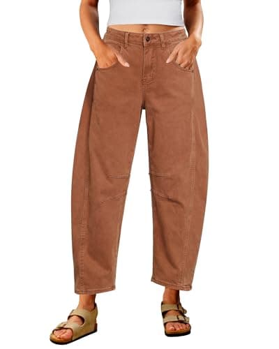 Image of Utyful Barrel Jeans Women's Cropped Baggy Trendy High Waist Distressed Loose Stretch Denim Pants Jeans with Pockets, Caramel, S