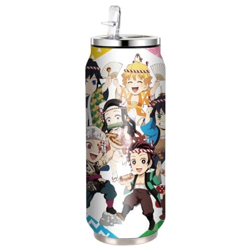 Image of UBBY Demon Slayer Stainless Steel Water Bottle, 500 ml, Flip-Up Sports Bottles Made of Stainless Steel with Straw, Funny Cartoon Design for Children and Adults (Dance)