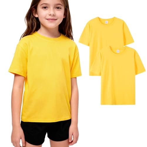Image of Dinopjs Unisex Kids T-Shirts, Boys Plain T Shirt, Girls Short Sleeve Crew Neck Tops, School PE Tshirt, Sports Tee Shirts, Comfortable Breathable Children in Need Clothes 12-13 Years, Yellow (2 Pack)