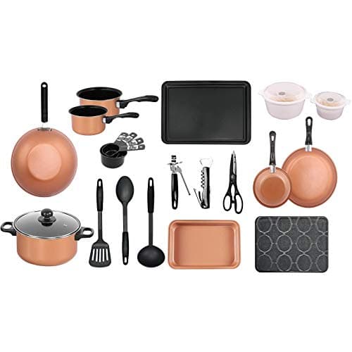 Image of Gr8 Home 21 Piece Copper Student Kitchen Starter Kit Saucepan Utensil Pans Pots Cookware Bakeware Set