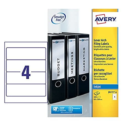 Image of Avery Lever Arch File Labels, Printable & Smudge Free, 200 x 60 mm, Customisable Stickers for Folders, 4 Per A4 Sheet, 100 Pack, Inkjet Compatible (J8171-25)
