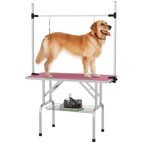 Image of PawHut 42" Foldable Dog Grooming Table Adjustable Pet Cat Drying Beauty Table Rubber Top with 2 Loops Storage Basket Metal Pink