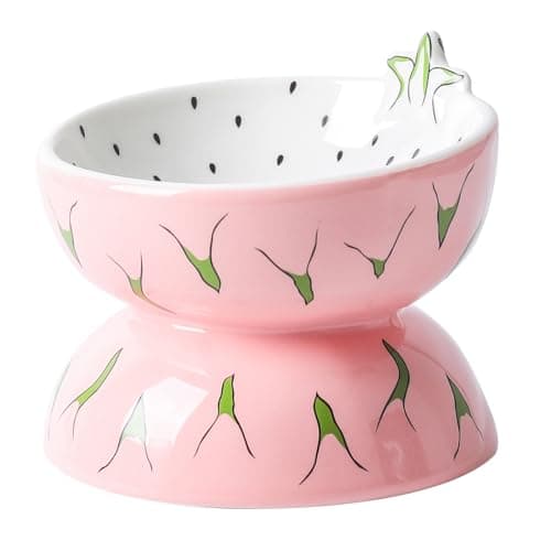 Image of TIGOADT Raised Cat Bowl with Stand, Cute Dragon Fruit Elevated Ceramic Cat Food Bowl, Anti Vomit Tilted Pet Feeder, Anti Whisker Fatigue Neck Protective Shallow Kitten Dish, Dishwasher Safe (Pink)