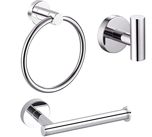 Image of YUET Bathroom Hardware Accessories Set - SUS 304 Stainless Steel Brushed Wall Mounted Rack, Towel Ring Bar + Toilet Paper Roll Holder + Robe Hook, Bath Accessory Hooks (Chrome)