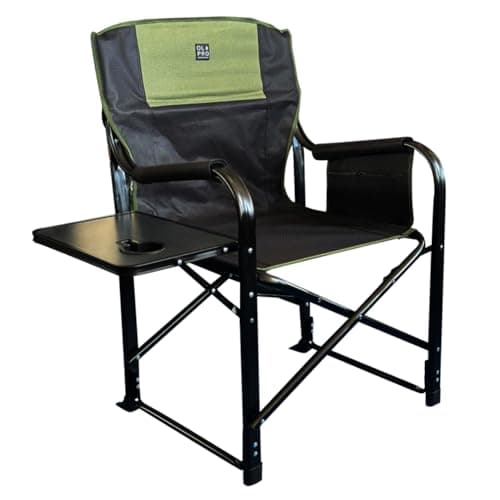 Image of OLPRO Deluxe Directors Chair – Green & Black – Foldable Camping Chair with Side Table, Drinks Holder & Zippable Storage – Sturdy Outdoor Director’s Furniture for Garden & Events