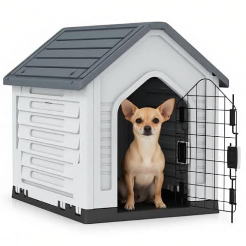 Image of Maxmass Plastic Dog House, Weather-Resistant Pet Shelter with Metal Lockable Door, Slanted Roof, Air Vents, Indoor Outdoor Pet Kennel Dog Shelter Crate Pets House for Puppy Cat Rabbit (Grey+White)