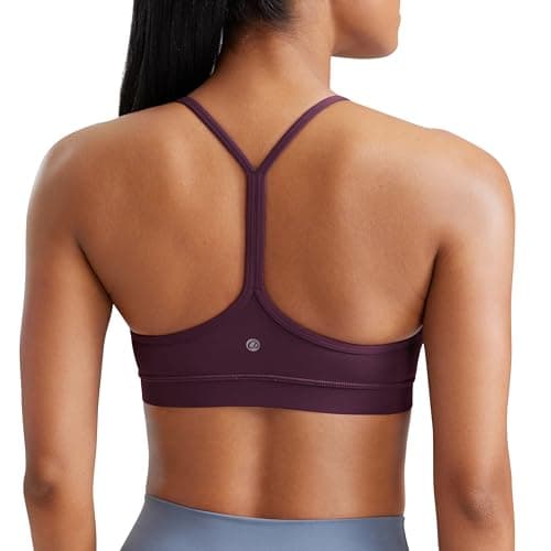 Image of CRZ YOGA Women's Butterluxe Padded Sports Bra - Low Impact Y Back Strappy Bra Racerback Spaghetti Straps Gym Yoga Bras Deep Purple S
