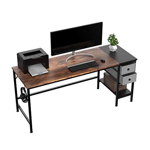 Image of HOMIDEC 160 cm Computer Desk with 2 Drawers, Office Work Writing Desk with Headphone Hook for Student and Worker, Laptop Table with Shelves, Modern Style Desks for Home, Office(160x60x75cm)