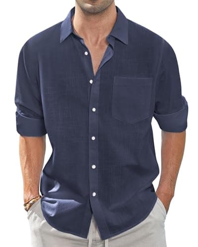 Image of J.VER Men's Long Sleeve Linen Shirts Regular Fit Casual Fashion Cotton Solid Lightweight Summer Beach Shirt with Pocket Navy L