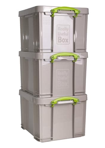 Image of Really Useful Box Plastic Storage 35L Recycled Dove Grey with Green Handles Pack of 3