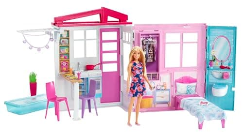 Image of Barbie Doll and Dollhouse, Portable 1-Story Playset with Pool and Accessories, for 3 to 7 Year Olds, GWY84