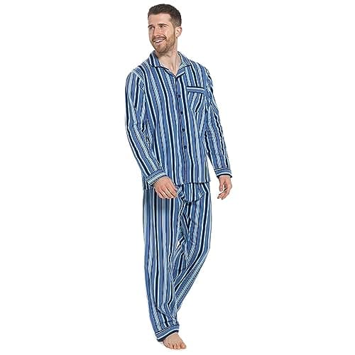Image of GM Apparel Men’s Traditional Brushed Flannel Comfy Pyjamas Set – PJ Lounge Wear Nightwear – Cosy Soft Feel and Comfy Sleepwear – 100% Cotton (XXL - BLUE STRIPE)