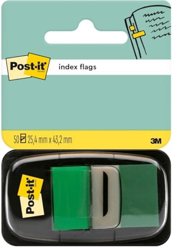 Image of Post-it Index Flags, Medium, Green, 1 Dispenser 25.4 mm x 43.2 mm, 50 Flags - to Mark, Highlight or Color Code Important Information