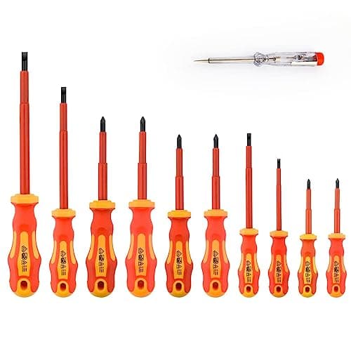 Image of Gunpla 11 Pieces VDE Insulated Screwdriver Set, 1000V with Black Tip Magnetic, TPR Handle Electrician Soft-Grip Slotted Phillips and Pozi Tools with Safety Tester for Electrician Repair