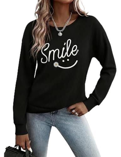 Image of Gyabnw Sweatshirts for Women UK Lightweight Long Sleeve Tops Crew Neck Smile Print Casual Versatile Black