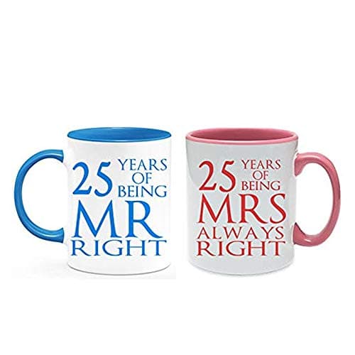 Image of Getagift Silver Anniversary 25 Years of Being Mr Right & Mrs Always Right Set of 2 Wedding, Valentines Day, Coloured Couple Mug Set. (25 Years)
