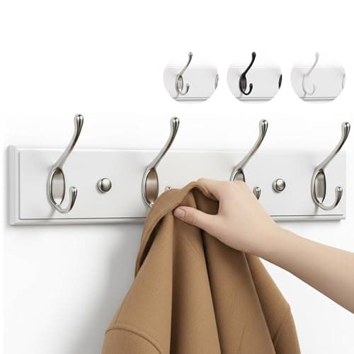 Image of LARHN White Coat Hooks Wall Mounted Coat Rack - 4 Matt-Nickel Wall Hooks - 42 cm - All Fixings Included for Quick & Easy Installation