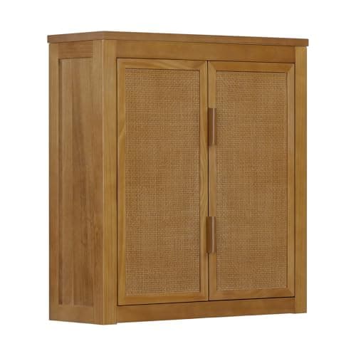 Image of Teamson Home Hatteras 56 cm Wall-Mounted Wood Cabinet with 2 Rattan Inset Doors, Internal Shelving and Compact Storage for Bathrooms Or Hallways, Natural