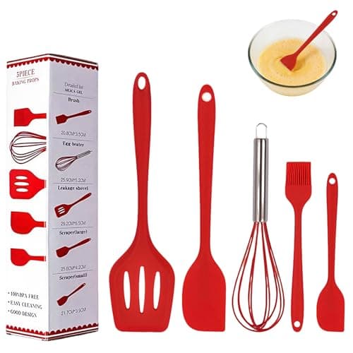 Image of Food Grade Rubber Spatula, 5 Pcs Silicone Spatula Set, Non-Stick and Heat Resistant, Silicone Kitchen Utensils Set for Cooking Baking and Mixing (Red)