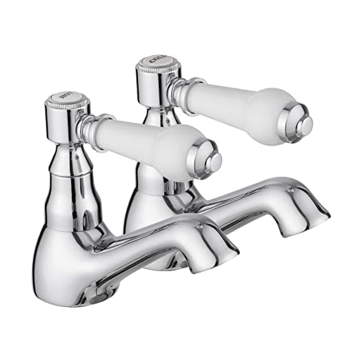 Image of JASSFERRY Pair of Basin Taps Hot and Cold Water Bathroom Sink Tap White Ceramic Handle 1/4 Turn Lever 1/2" Faucet, Chrome Set of 2