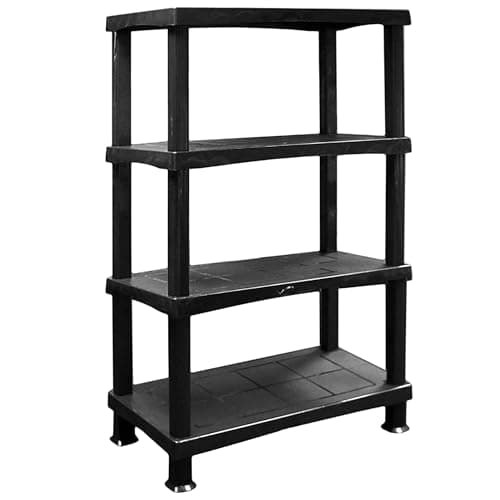 Image of ALEEZ - 4 Tier Plastic Shelving Unit - Heavy Duty Storage Shelves - Storage Rack For Home, Garage, Shed, Warehouse - 25kg/55lbs Per Shelf - No Tools Required - Push Fit Assembly, Black (1, 4 Tier)
