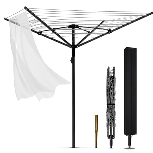 Image of JIANFA Rotary Washing Line, 4 Arm 60M Folding Clothes Airer Outdoor with Ground Spike & Cover Heavy Duty Adjustable Height Clothes Drying Rack for Laundry Outdoor Garden