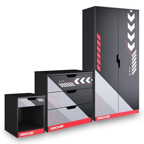 Image of X-Rocker Octane 3 Piece Bedroom Furniture Set, Kids Bedroom Furniture Set, Racing Pattern, Soft Close Wardrobe, + 3 Storage Drawer Chest of Drawers, 1 Drawer Bedside Cabinet, BLACK & RED Set