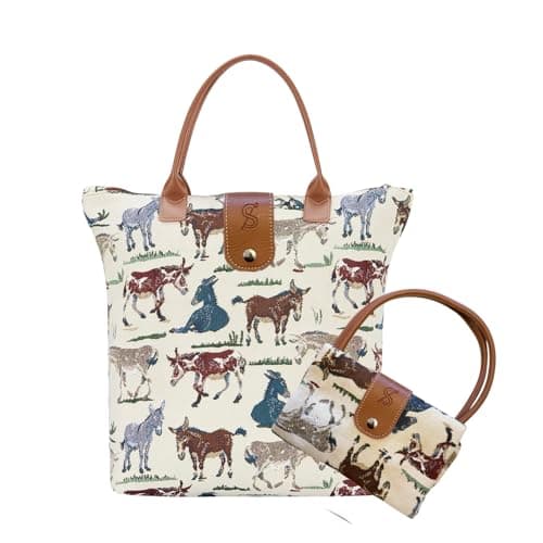 Image of Signare Tapestry Foldable Tote Bag Reusable Shopping Bag Grocery Bag with Animal Art Design (Happy Donkey, FOLD-DONK)