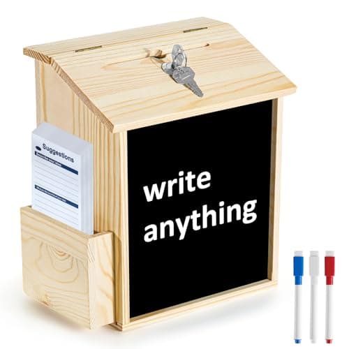 Image of Esilihom Lockable Wooden Suggestion Box for Donations, Ballot & Feedback | Charity, Tip & Collection Box with Blackboard, 50 Cards & Pens | Wall Mount or Countertop for Office, Church, School