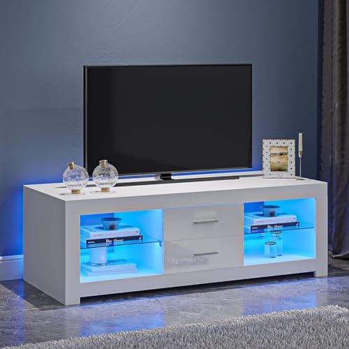 Image of Panana Modern TV Unit Stand Cabinet 120cm 2 Drawers 2 Glass Shelves Media Storage Sideboard with RGB LED Lights up to 55" TVs Screen, (White)