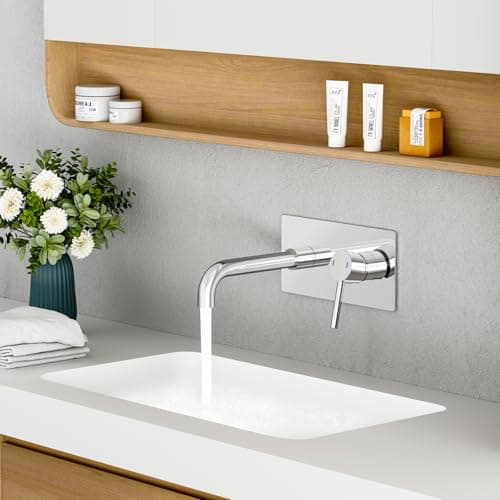 Image of ROVOGO Wall Mounted Basin Mixer Tap with Escutcheon & Concealed Stainless Steel Body 304 for Bath or Tub, 2-Hole Bathroom Basin Tap with 360° Rotatable Spout, Single Lever Bathroom Sink Faucet Chrome