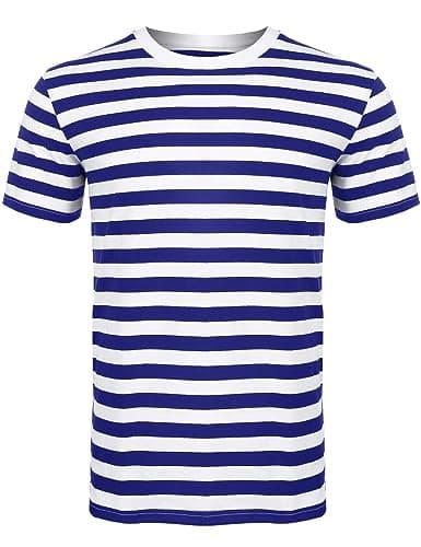 Image of ANZEE DISCOVER THE NEW YOU Men Women's Striped T-Shirt Unisex Crew Neck Short Sleeve Stripes T-Shirt Cotton Top Round Neck Kids Casual Crewneck Summer Wears White/Blue X-Large
