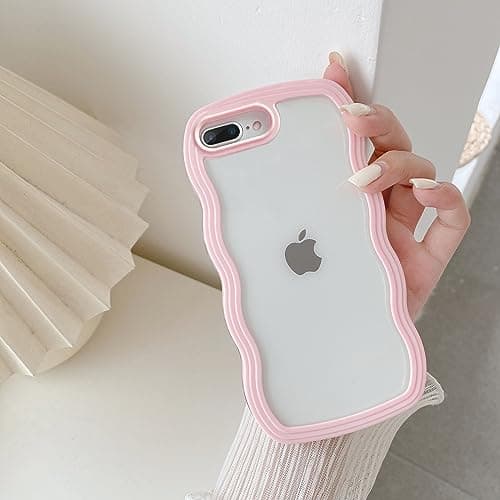 Image of QLTYPRI Case for iPhone 7 Plus/iPhone 8 Plus, Cute Curly Wave Frame Clear Case for Girls Women, Transparent Soft Silicone TPU Bumper Shockproof Protective Phone Cover - Pink