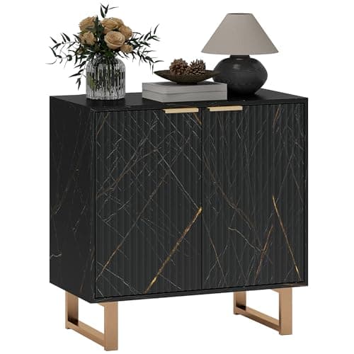 Image of HOMCOM Sideboard Storage Cabinet, Marble Effect Buffet Cabinet with 2 Fluted Doors and Adjustable Shelves, Coffee Bar Cabinet with Metal Legs for Living Room, Black