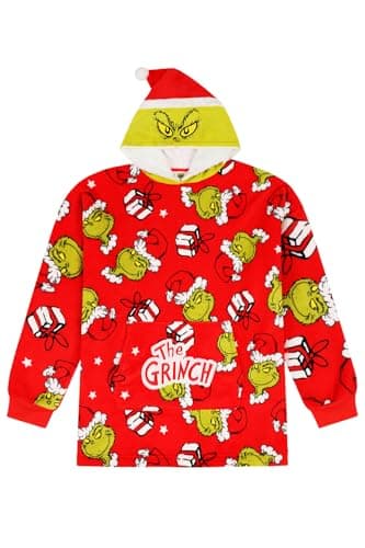Image of The Grinch Family Christmas Fully Lined Luxury Fleece Hoodie Oversized Blanket Hoody (2-4 Years) Red