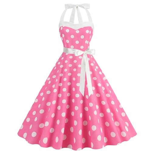 Image of maxToonrain Dresses for Women UK Red,Womens 1950s 80s 70s 90s Fancy Dress A Line Spaghetti Strap Polka Dot Midi Party Dress Halloween Costumes for Adults Ladies(A-Pink,M)