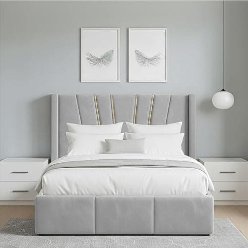 Image of Silver Plush Velvet 3FT Single Bed Frame with 48" Sunrise Wing Headboard, Gas Lift Ottoman Storage, Strong, Supportive & Easy Assembly